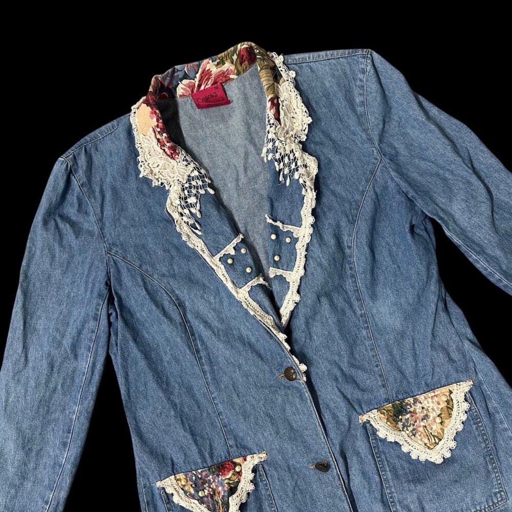 Vintage Blazer Jacket Floral Lace 1990s Carols Denims 1XL Romantic Cottagecore
